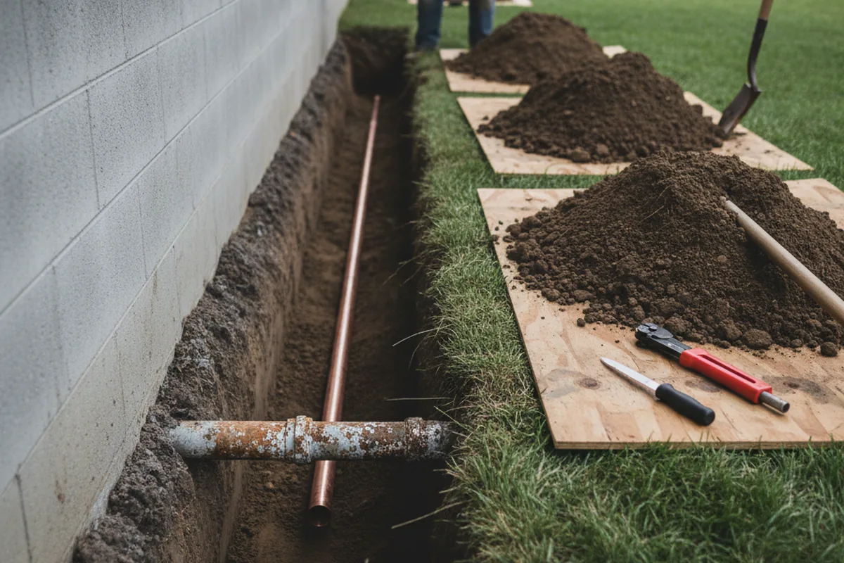 Excavated water line trench during Sewer Line Repair in Lithia